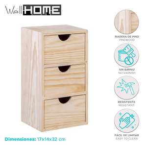 WELL HOME Cajonera de Almacenamiento de Madera de Pino con 3 Cajones de 17x14x32cm - Product Image 2