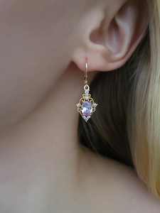 Charmes en améthyste violet clair, argent 925, boucles d'oreilles à crochet plaquées or, style vintage, boucles d'oreilles pendantes mignonnes - Product Image 2
