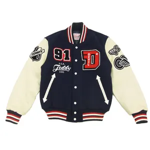 Logo Print Leder ärmel Baseball Letterman Bomber Varsity Jacke Warme Kleidung Umfassende beheizte Jacke Schwarz Casual Cotto