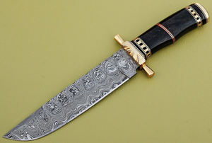 Cuchillo Bowie de caza de acero de Damasco hecho a mano personalizado con mango de cuerno OEM compatible con Funda de cuero de grado DIY de Knives Maker - Product Image 2