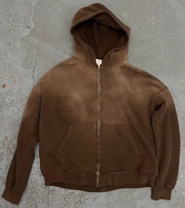 À capuche de qualité sans ficelle polaire vierge zip up vintage double couche lavé soleil fané sweats à capuche en détresse pour hommes - Product Image 3