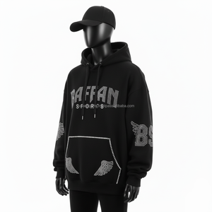 Premium 400 GSM Cotton Fleece <b>Men</b> <b>Hoodie</b> <b>Black</b> Rhinestone Logo Embellished Streetwear Custom Design basics <b>Hoodie</b> - Product Image 2