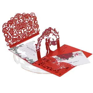 Winpsheng Luxury Red 3D Laser Cut Wedding Invitation Pop Up Card Bride And Groom Greeting Card