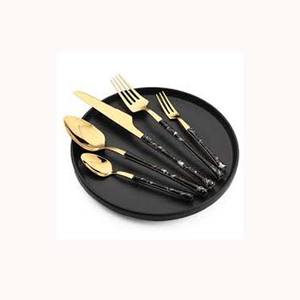 Acier inoxydable Métal Or Miroir Poli Avec Long Dos Rond Marbre Conception Résine Poignée En Vrac Fourchette Cuillère Couverts Ensembles - Product Image 1