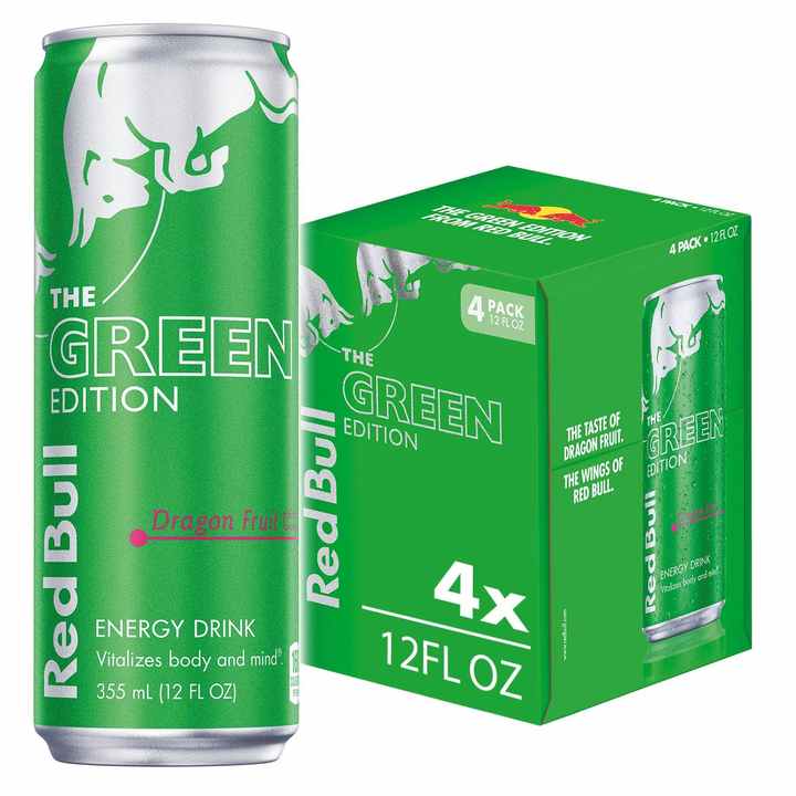 Red Bull Green Edition Dragon Fruit Energy Drink, 12 Fl Oz, 4 Cans Mental Alertness, Energy