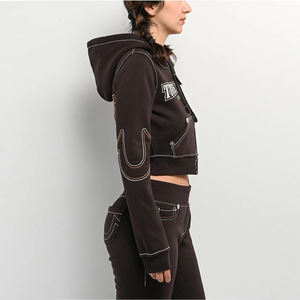 Survêtements pour femmes personnalisés, ensemble 2 pièces, 100% coton, sweat-shirt court vintage streetwear, sweat-shirt court à fermeture éclair et pantalon de survêtement évasé - Product Image 3