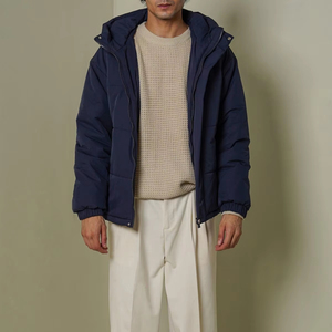 แจ็กเก็ตทรงสูงแบบมีซิปรูดแนวสตรีทของผู้ชายปกเสื้อมีฮู้ดสีน้ำเงินเข้มดีไซน์บับเบิ้ลสีโอเวอร์ไซส์สำหรับทุกเพศ - Product Image 1