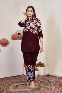 Women Floral Printed <b>Kurti</b> Pant Set Maroon Cotton Co Ord Set Ladies Designer Ethnic Wear - Product Image 2
