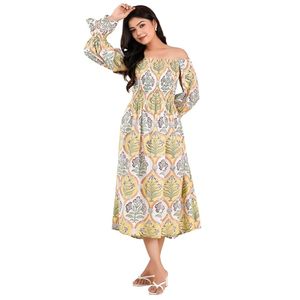 Crêpe Soie Casual Robe D'été Jaune Vert Floral Feuille Imprimer Cloche Manches Naturel Taille Écologique Respirant Lavable - Product Image 1