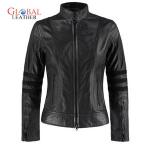 Veste en cuir de mouton pour femme avec traitement tricoté respirant à col montant - Product Image 1