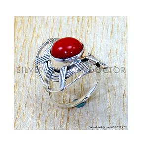 Bague en argent sterling 925 de style classique en gros, faite à la main, avec pierre précieuse corail ronde pour les fiançailles et les mariages des femmes - Product Image 1