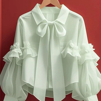 Coton Dames Doux Blouses Femmes À Manches Longues Bandage Vintage Chemises Solide Couleur Arc Lâche Automne Blouse