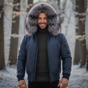 Blouson en cuir pour homme, veste de moto avec capuche en fourrure de renard, motif à carreaux respirant, style décontracté - Product Image 5