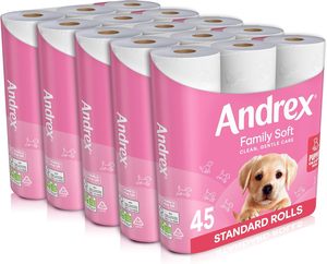 Andrex Family <b>Soft</b> Toilet Tissue 45 <b>Rolls</b> <b>Gentle</b> <b>on</b> your Family skin Bulk Pack of 45 Toilet <b>Rolls</b> - Product Image 5