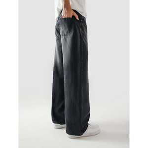 กางเกงทรงตรงขากว้างสไตล์ฮิปฮอปวินเทจ ผ้ายีนส์สีเข้มฟอกหิน ตกแต่งด้วยงานปัก - Product Image 1