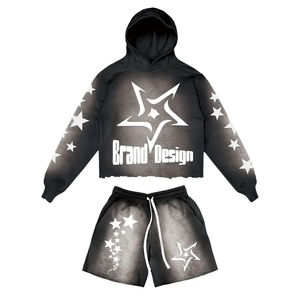 Conjunto de Sudadera con Capucha y Pantalones Cortos para Hombre, Estilo Desgastado, Estampado, 100% Algodón, Felpa Francesa, Liso, Desteñido al Sol - Product Image 6