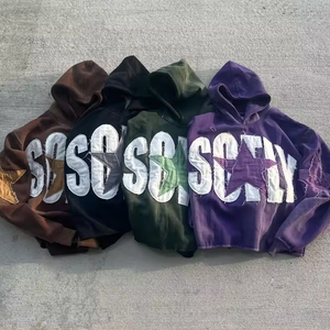 Custom Streetwear Sweatsuit Acid Wash Zip Applique Distressed Embroidery <b>Patch</b> Cropped Hoodie and Sweatpants Set Women Tracksuit - Product Image 6