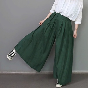 Pantalon large en lin professionnel et décontracté pour femme taille haute mi-long avec fermeture élastique Style avant plat coupe ample - Product Image 4