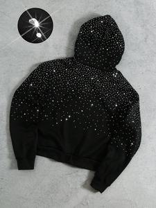 Sudadera con Capucha Corta con Cremallera y Pedrería Negra, Sudadera de Forro Polar con Adornos Brillantes para Hombre, Logotipo Personalizado Bordado, Invierno, OEM, ODM - Product Image 6