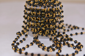 Chaîne de chapelet en quartz noir plaqué or de 6mm, chaîne de perles en fil de laiton, chaîne de perles rondelle à facettes pour la fabrication de bijoux - Product Image 2