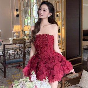 Strapless Satin <b>Floral</b> Embroidered A-Line Tea-Length Women's Evening Gown Natural Waist Bow Collar Vintage Spring Style - Product Image 3