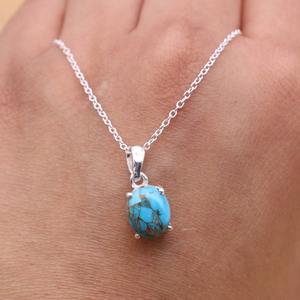 Pendentif bleu turquoise en argent sterling 925, collier ovale, bijoux en pierres précieuses faits à la main, cadeau élégant pour les femmes - Product Image 5