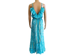 Talla Única Y2K Estilo Boho Natural, Vestido Maxi de Seda Tejida India con Estampado Geométrico, Cuello en V, Sin Mangas, Casual, con Aberturas y Volantes, Estilo Coreano de Verano - Product Image 2