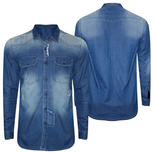 Chemises pour hommes Chemises à manches courtes avec logo personnalisé Chemise en jean décontractée OEM de couleur unie à double boutonnage pour hommes et femmes - Product Image 3