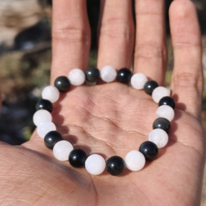 Genuine Black Onyx Rainbow Moonstone <b>Silver</b> Adjustable Bracelet 8mm Round Beads Gemstone Jewelry Protection Crystal Gift Her - Product Image 3
