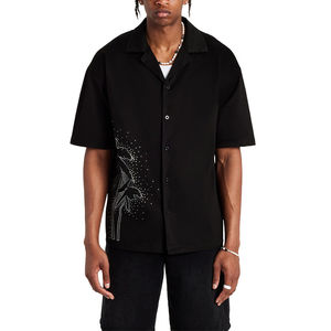 High Quality Winter Woven Oversized V Neck Rhinestone Palm Shirt Set 100% Cotton Button up Black <b>Men's</b> Shirt <b>Shorts</b> Set - Product Image 1