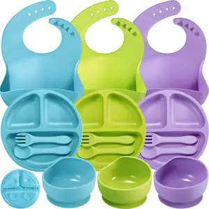 Wholesale Versatile Kids Dining Essentials Ceramic Baby Feeding Set Includes Suction Bowl Divided Plate Bib Spon Fork Children