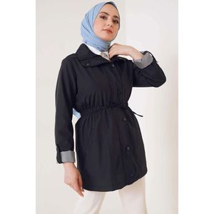 Gabardina larga negra para mujer, cintura con cordón y cremallera, algodón vaquero de cuero personalizado para uso en primavera y otoño con estampado - Product Image 2