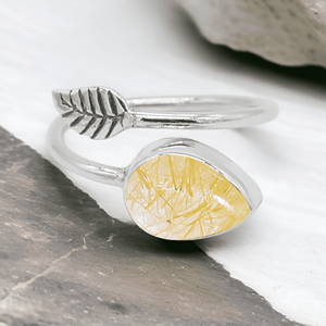 925 argent Sterling bande réglable Dainty poire Cabochon Original doré rutile pierre précieuse feuille Style bague de mariage en gros - Product Image 2