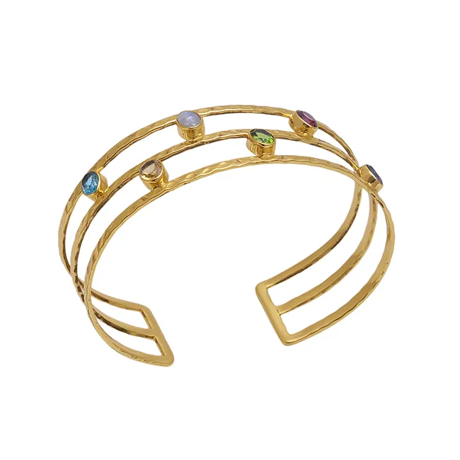 Bracelet jonc en pierres précieuses fait à la main avec pierres précieuses rondes de différentes couleurs, bracelet décontracté et sportif en plaqué or pour femme