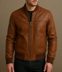<b>Mens</b> Brown Genuine Leather Bomber <b>Jacket</b> Ribbed Collar and Cuffs Full Zip OEM/ODM Available - Product Image 1
