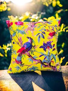 Custom Made Printed <b>Cushion</b> <b>Covers</b>,hand Crafted in 100 % Cotton Machine Washable in Bright Yellow Base Fabric with Bird Print. - Product Image 4