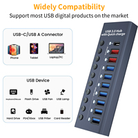 Hub de charge USB 10 ports alimenté 7A 3.0 5Gbps PD 20W Type C 2 Charge rapide 60W 12V 5A avec interrupteurs individuels pour ordinateur portable PC