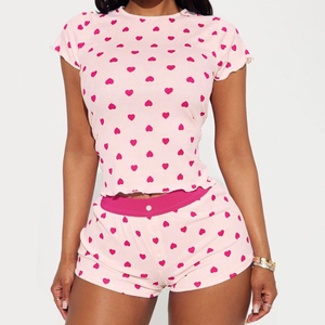 Ensemble 2 pièces décontracté pour femme Style printemps impression numérique haut à col rond au-dessus du genou Spandex/Polyester Shorts tissu tricoté rose - Product Image 3