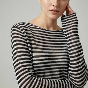 T-shirt décontracté à rayures fines en maille respirante à col rond et manches longues, 25 % lin, 20 % lyocell, taille unique (38-44) pour femme - Product Image 3