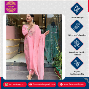 Kurti pantalon FABZONE de style indien traditionnel, moderne, élégant, simple, rose, en soie romaine pure, longueur au sol, coupe ample, haute qualité - Product Image 3