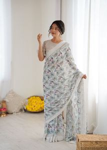 Soft Light Weight Beautiful Floral Printed Silk <b>Satin</b> <b>Saree</b> with Elegant Style for Party and All Events - Product Image 5