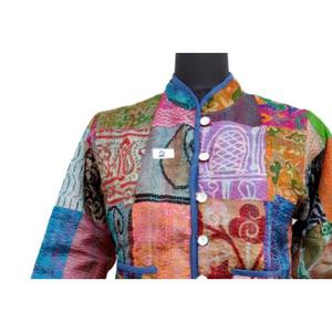 Jacket Silk Patch Kantha Full <b>Sleeve</b> Knitted Coat with <b>Button</b> Autumn Winter Spring Reversible - Product Image 2