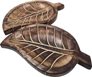 Ensemble de 2 plateaux en bois décoratifs faits à la main, plateau de cuisine en forme de feuille, plateau de service, décor de cuisine pour la maison, salades et desserts - Product Image 5