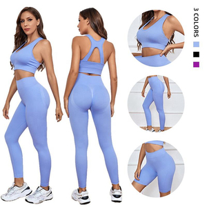 ชุดออกกำลังกายผู้หญิง 2 ชิ้น แบบเป็นมิตรกับสิ่งแวดล้อม กางเกงเลกกิ้งไร้ตะเข็บเอวสูง ระบายอากาศได้ดี เสื้อครอปท็อปมีซิป ลายสก็อต ชุดโยคะพิมพ์ลาย - Product Image 1