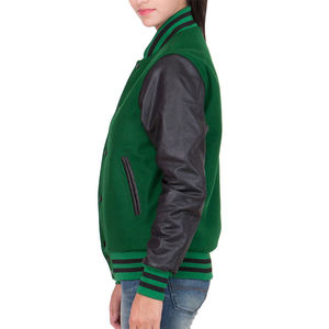 Chaqueta Estilo Universitario Verde Oscuro y Negra, Mangas Estilo Cuero, Forro Acolchado, Ribete a Rayas, Ropa Urbana - Product Image 4