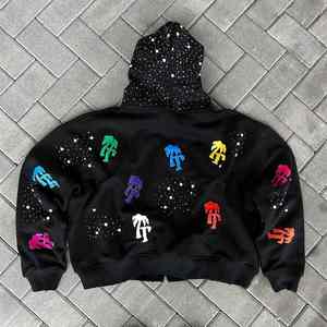 Sweats à capuche pour hommes Ensemble pantalon de survêtement et sweat à capuche en strass 100% coton Ensemble délavé à l'acide Survêtement lourd surdimensionné à fermeture éclair complète pour hommes - Product Image 6