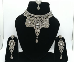 Parure de bijoux vintage en quartz antique, faite à la main, plaquée zinc bleu, motif floral, collier, boucles d'oreilles et coiffe pour fiançailles, mariage et fête - Product Image 1