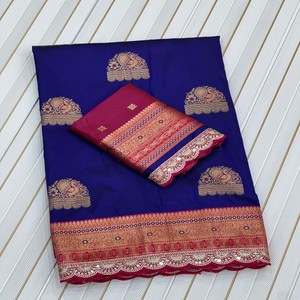 Sari VASTRA COTTAGE de seda suave Banarasi con bordado de lentejuelas y ribete, sari étnico con blusa en contraste - Product Image 1