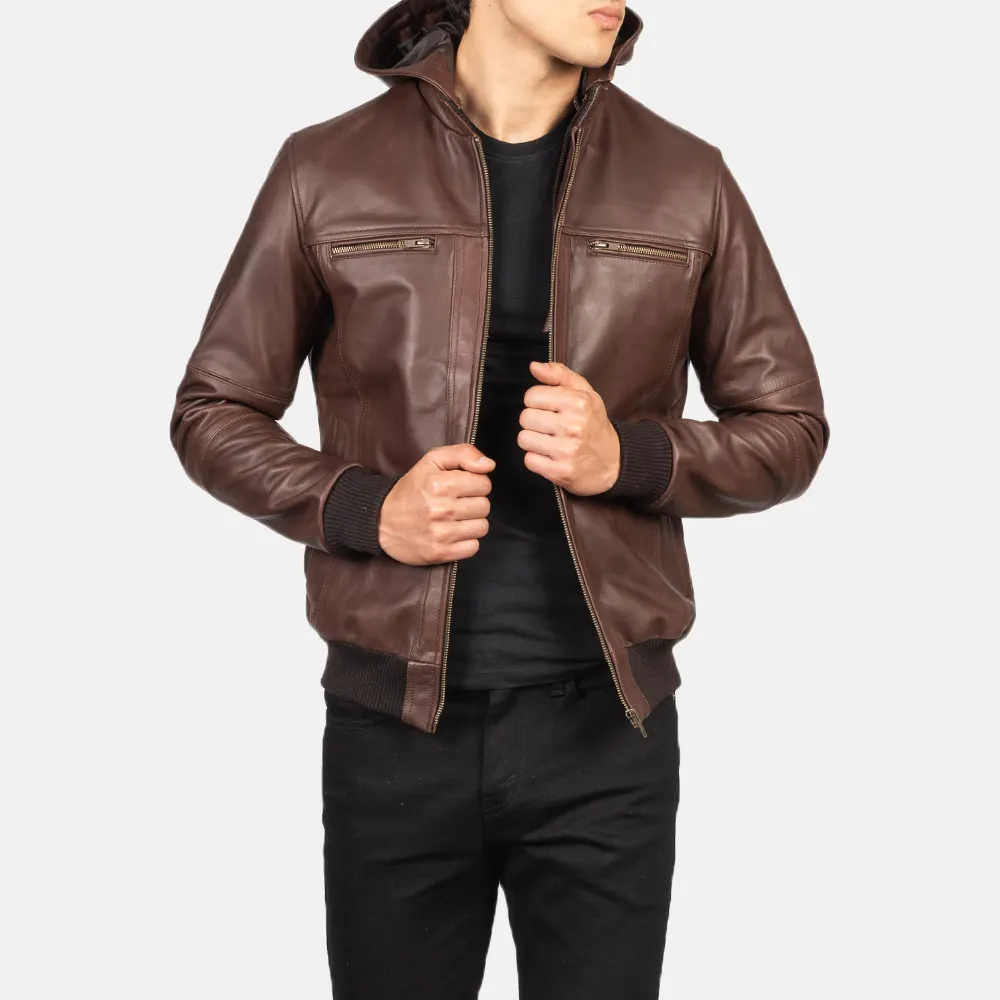 Men's Pilot Brown Genuine Leather Moto Biker Hooded Men Casual Zipper Leather Jacket Men Long Sleeve Fashion Jacket