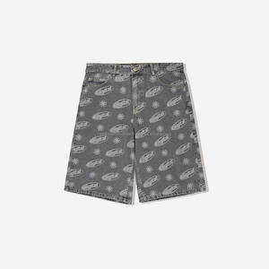 Short Vintage Diamond Baggy Acid Wash All-Rhinestone Design Jeans Jorts pour homme - Product Image 4